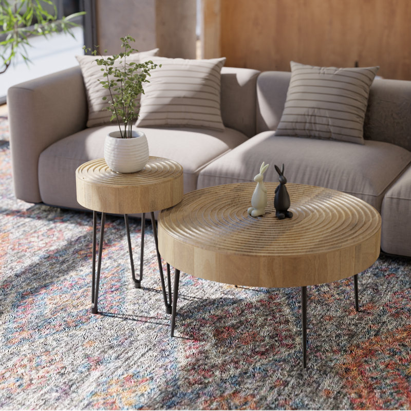 Solid Wood Modern Round Nesting Coffee Tables, Set of 2 – Natural Mango Wood with Black Metal Legs, Coffee Table for Living Room