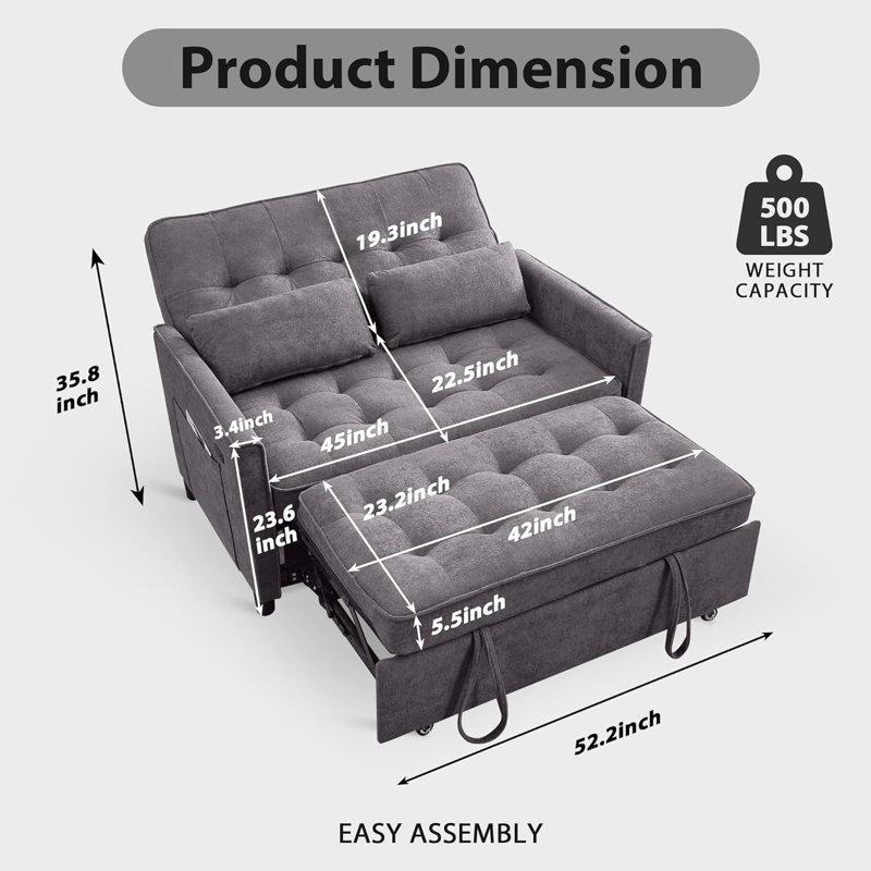 3-In-1 Convertible Sofa Bed - Pull-Out Loveseat Sleeper With Adjustable Backrest, USB Charging Port, Side Pocket & 2 Pillows (Towel Fabric)