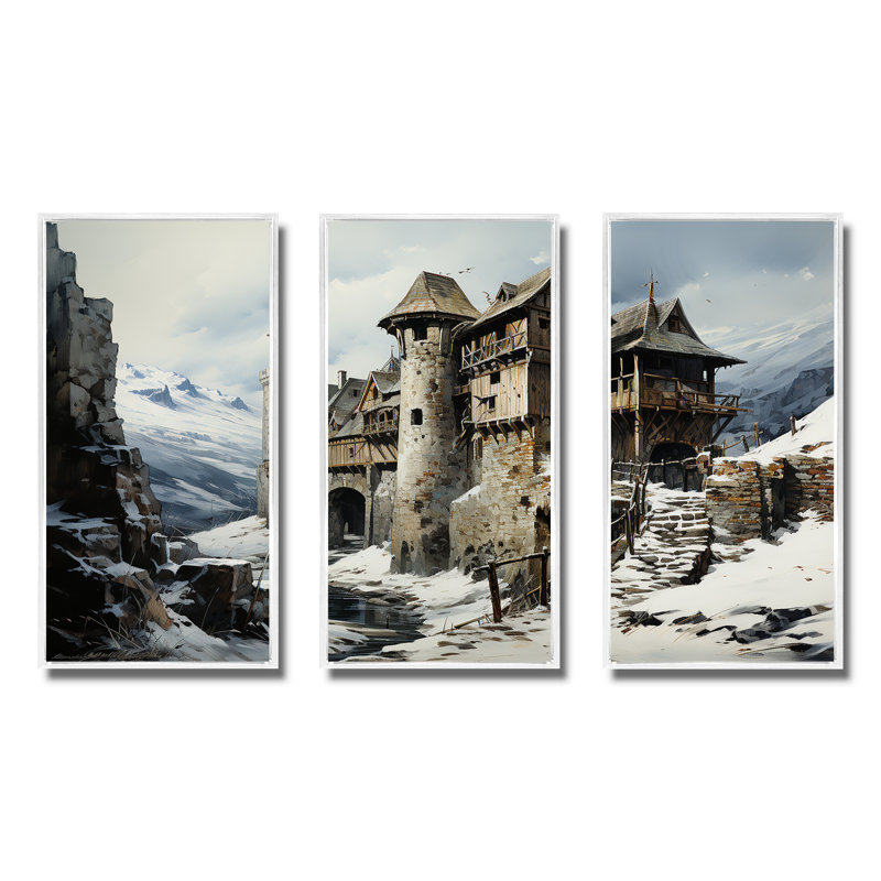 Château médiéval en hiver, charme I - châteaux, art mural, Cadre flottant blanc, H 32 po x l 48 po