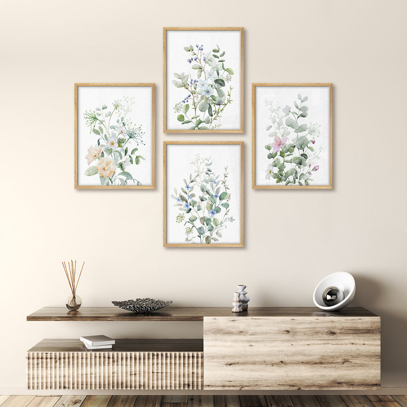 "Fleurs sauvages vertes, art floral moderne, impressions encadrées, affiches, petit art mural pour la salle de bain" - 4 pièces