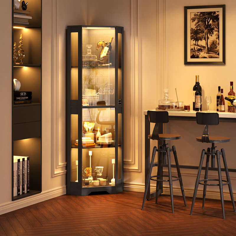 65" Corner Glass Display Cabinet with LED Lights, 4-Tier Showcase Display Case with Glass Doors & Human Body Sensor for Collectibles, Liquor