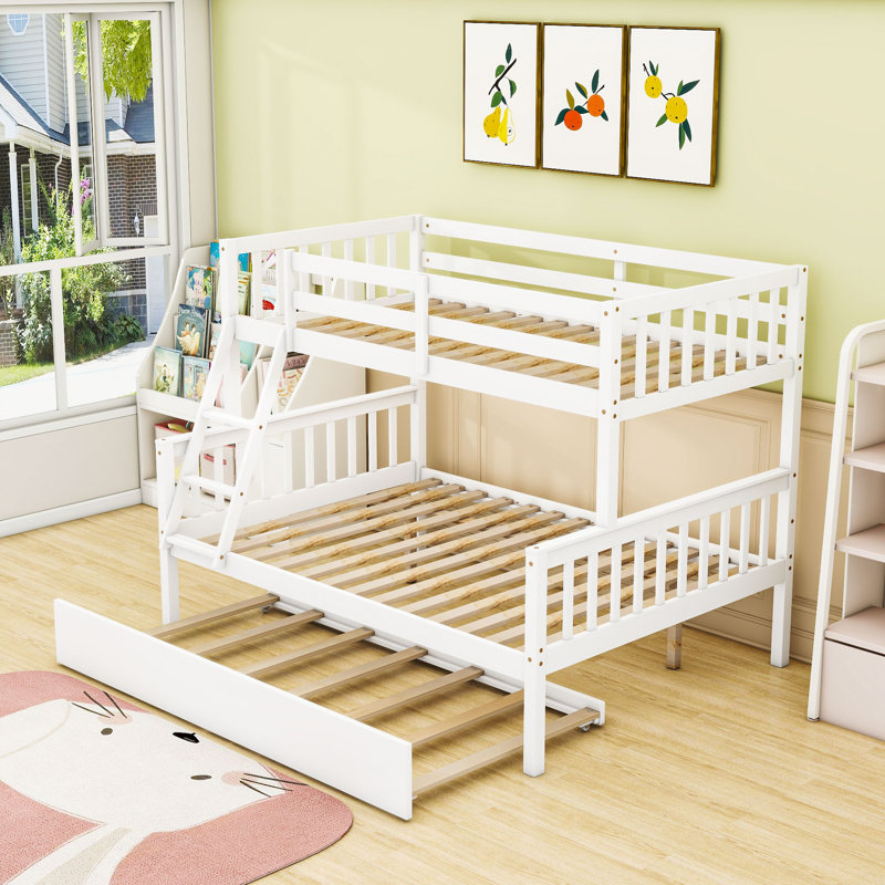 Keyonah Twin Over Full Wood Bunk Bed With Trundle, Convertible Ladder And Guardrail, White