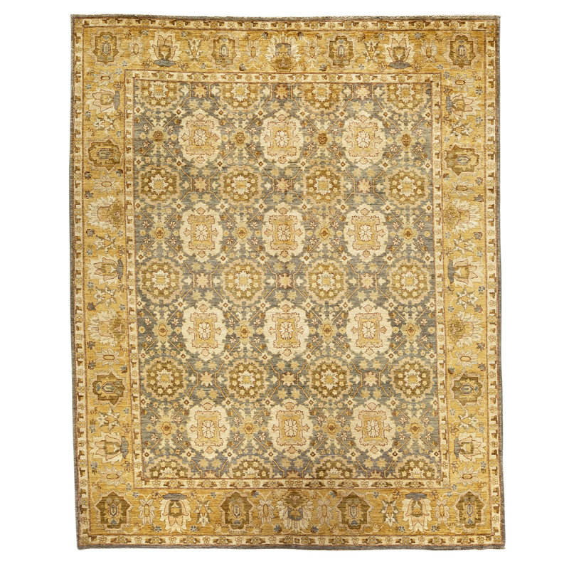 Tapis jaune / gris de haute qualité noué à la main de conception unique