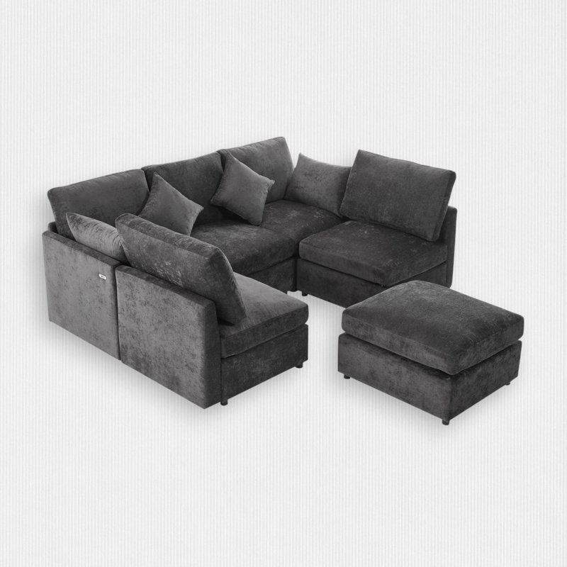 6 - Piece Upholstered Sectional, Black Chenille