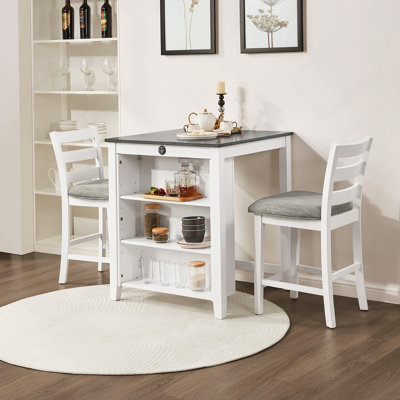 Modern Dining Table Set for 2 with Charging Station & 3-Tier Adjustable Storage | Space-Saving Kitchen Set with Upholstered Chairs for Small Spaces, Apartment