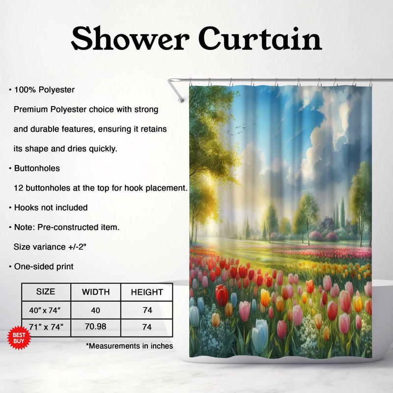 Rideau de douche standard 1 pièce Bright Tulips, H 74 po x l 71 po