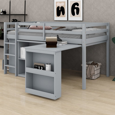 Space Saving Loft Bed With Drawer, Shelf, Pull-Out Desk And Safety Guardrail