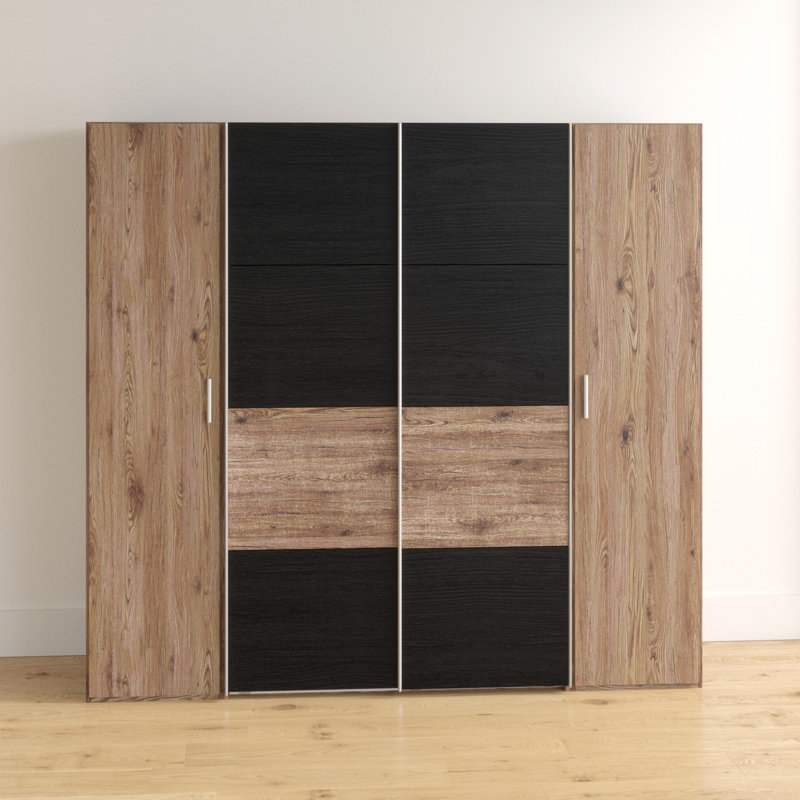 Aguayo 4 Door Manufactured Wood Wardrobe, 208cm H x 270cm W x 65cm D, Black/Dark brown