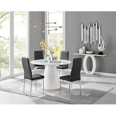 Edward Statement Pedestal Dining Table Set with 4 Luxury Faux Leather Upholstered Dining Chairs
