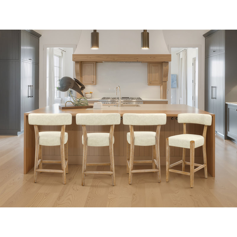 26" Mid-century Modern Faux Leather Counter Height Barstool, Beige Faux Leather / Natural Frame, 4