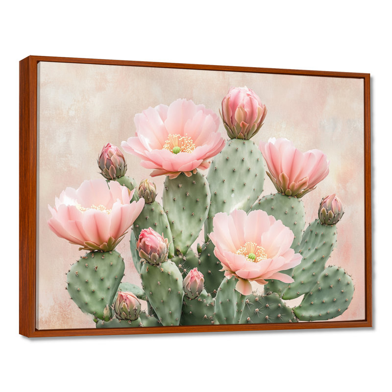 Œuvre d'art sur toile rose Blush Cactus Desert Bloom II, H 24 po x l 32 po, Cadre flottant brun