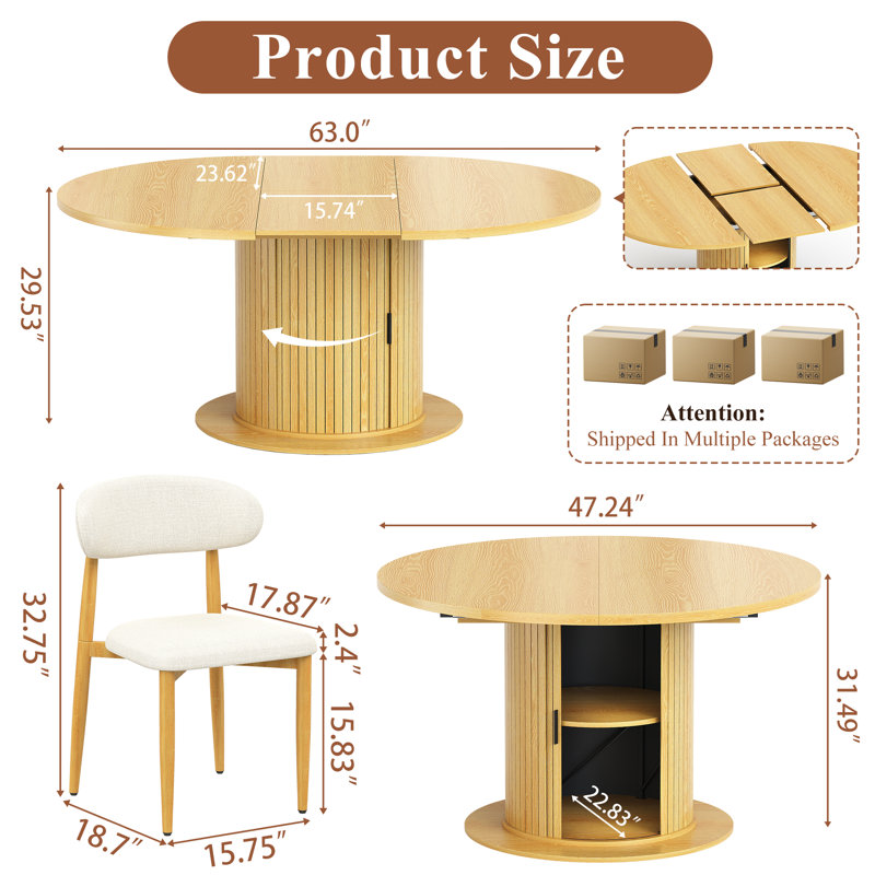 Expandable Dining Table Set, 47-63" Round Base Table With 2 Expandable Tabletops And Hidden Storage Cabinets, Padded Seats, Metal Frame For 4-8, Modern Minimalist Style