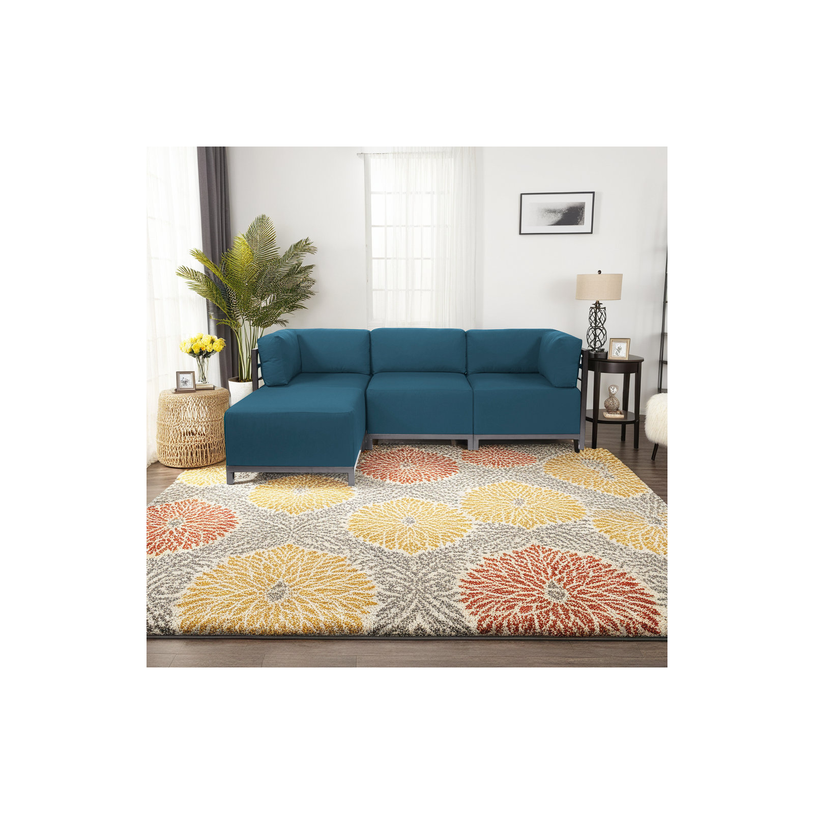 Olen 95.5'' Wide L-Shaped Steel Patio Sectional with Cushions, Titanium, Seascape Turquoise Sunbrella®