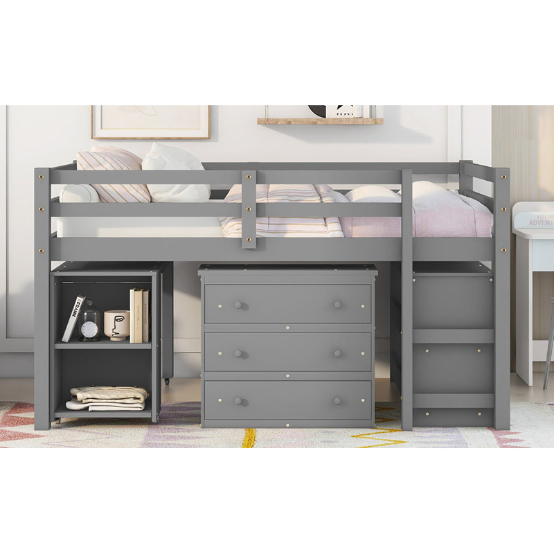Lit mezzanine double bas avec cabinet, tablettes et bureau portatif à roulettes, lit multifonctionnel - gris