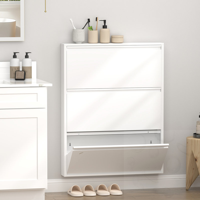 Armoire à chaussures murale avec 3 tiroirs rabattables, Blanc, H 43,01 po x l 31,5 po x P 5,98 po