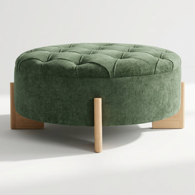 Modern Round Tufted Ottoman with Solid Wood Legs, Multi-Functional Footrest and Coffee Table in Durable Chenille Fabric