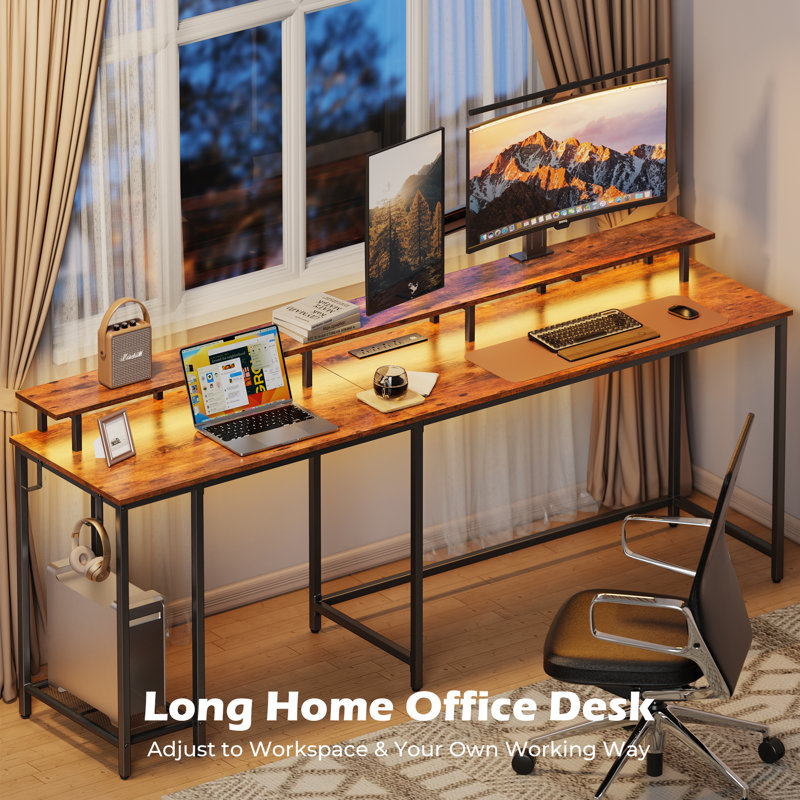 Kamai 54" L Shaped Computer Desk for Home Office Gaming Desk with LED Built-in Outlets with Storage Shelf, Rustic Brown/Black