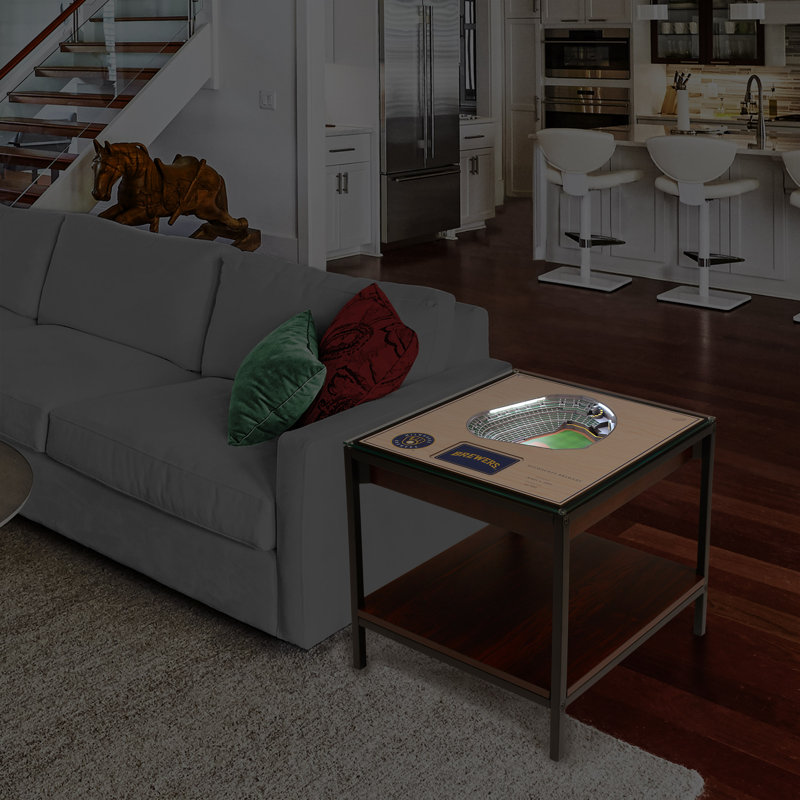 Glass Top End Table, 22.25" H x 22" W x 23" D, Beige/Green/Black, Milwaukee Brewers