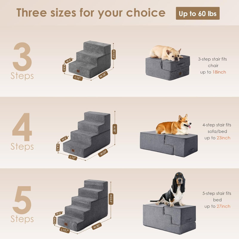 Escalier pour animal 3 marches Emalee, Gris, Petit (H 18 po x l 15 po x P 24 po)