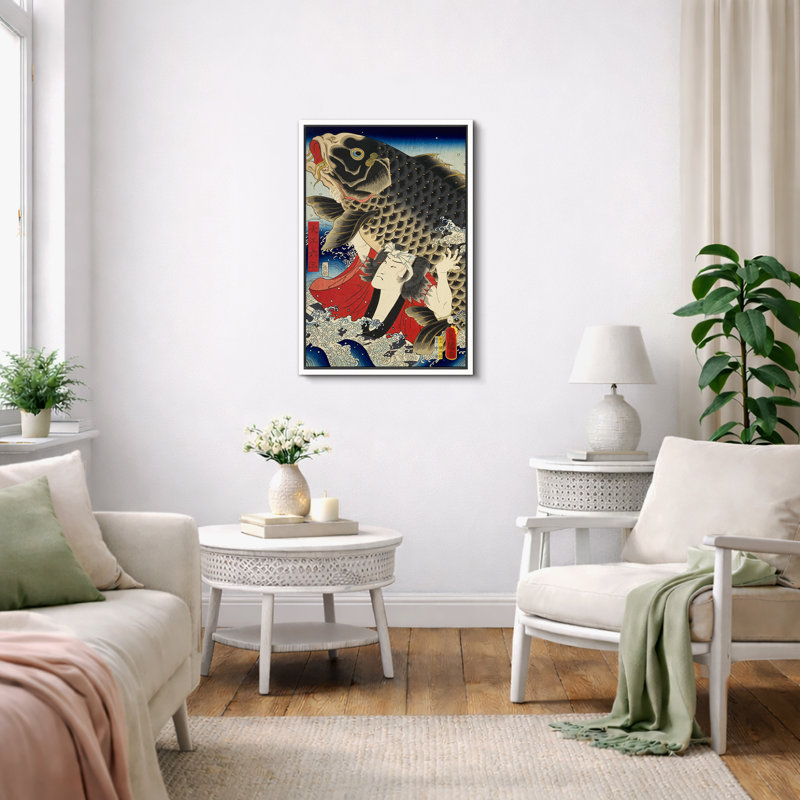«Samurai and Giant Koi Ukiyo-e», œuvres d'art de la mythologie japonaise, impression sur toile encadrée, Cadre flottant noir