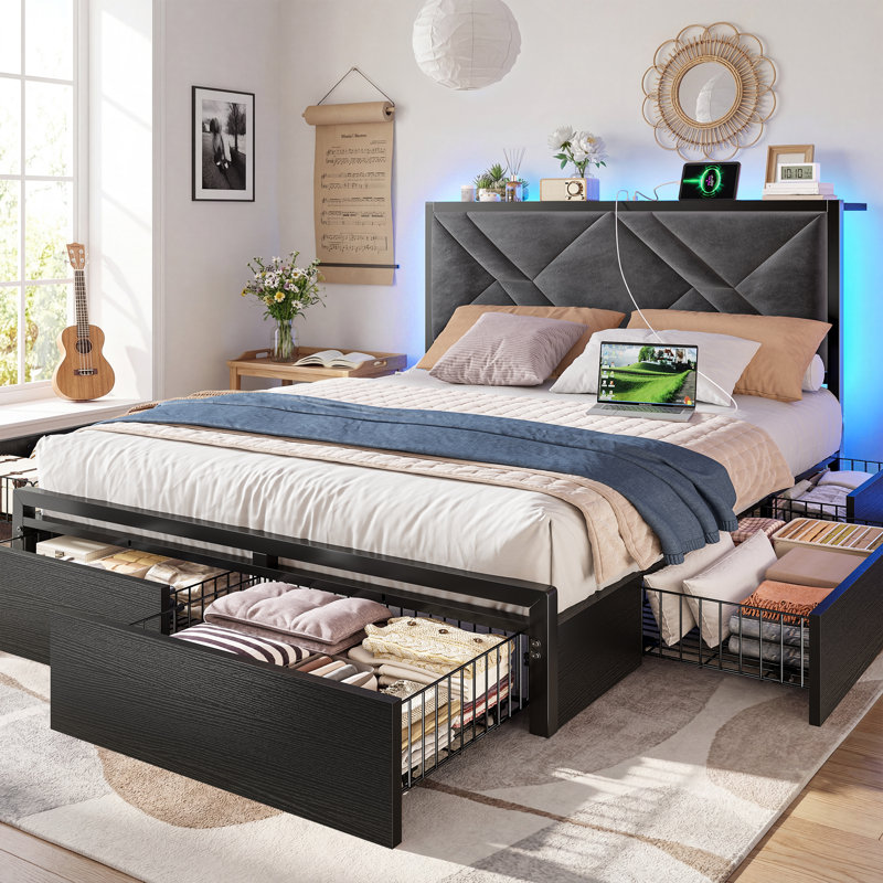 Bed Frame With 6 Storage Drawers, Soft Headboard, Charging Station, And Led Light, Black, Queen