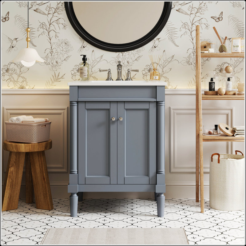 Meuble-lavabo moderne de 24 pouces avec lavabo supérieur, armoire de rangement à 2 niveaux et grandes tablettes pour une organisation améliorée
