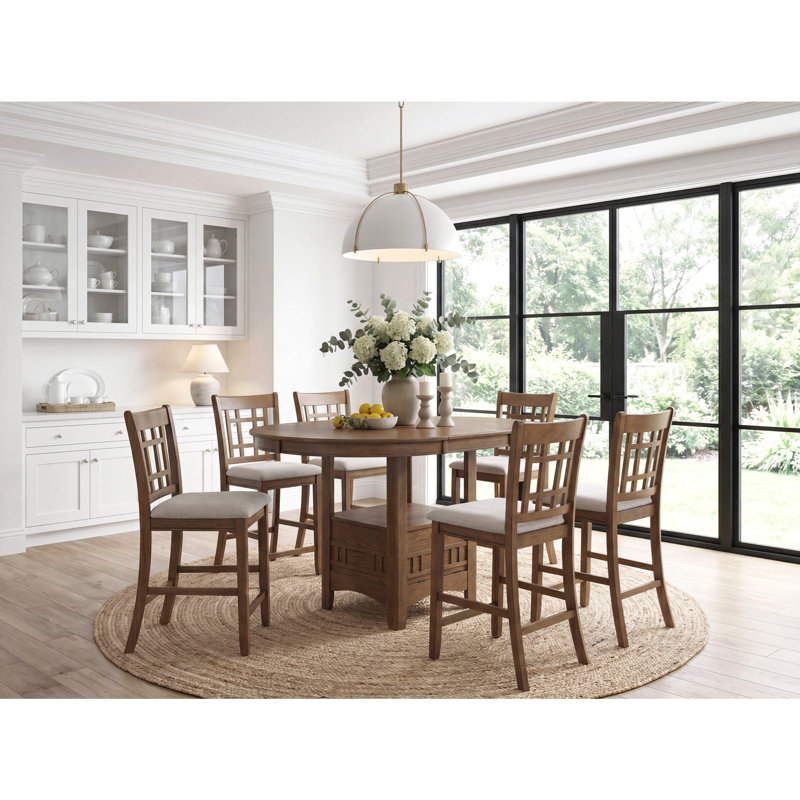 Ensemble de salle à manger à hauteur de comptoir brun 7 pièces Table ronde extensible ovale et chaises, 7
