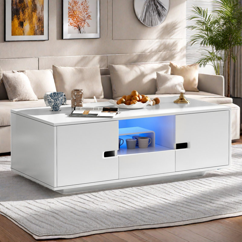 Modern High Glossy Rectangle Coffee Table With 2 Cabinets, One Drawer, 16 Colour Led Lights And An Open Shelf, White