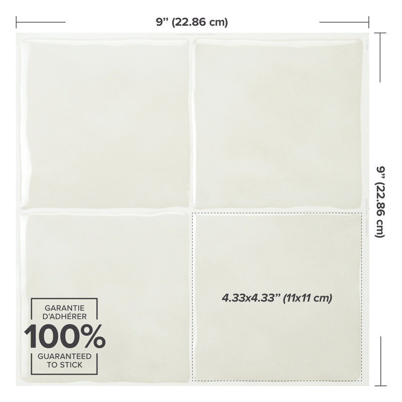 Carrelage à peler et coller en gel zellige 9 po x 9 po , Craie
