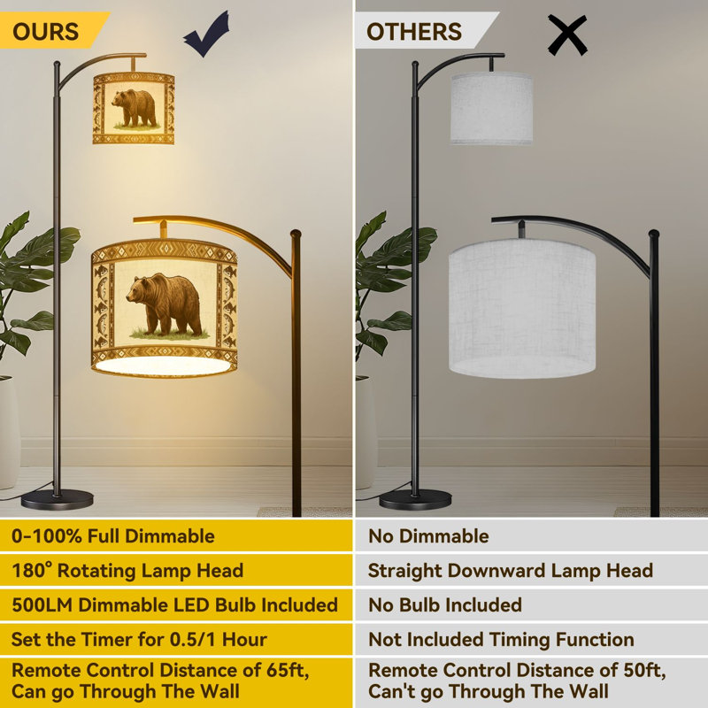 Arc Floor Lamp Grizzly Bear Tribal Fish Geometric Border Floor Lamps with Remote LED Lights Adjustable Lamp Shades Tall Standing Lamps for Reading Office Living Room