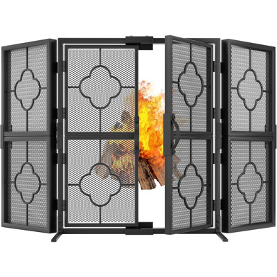 48 x 28 Inch Decorative Baby Safe Leaf Design 3 Panel Iron Fireplace Screen