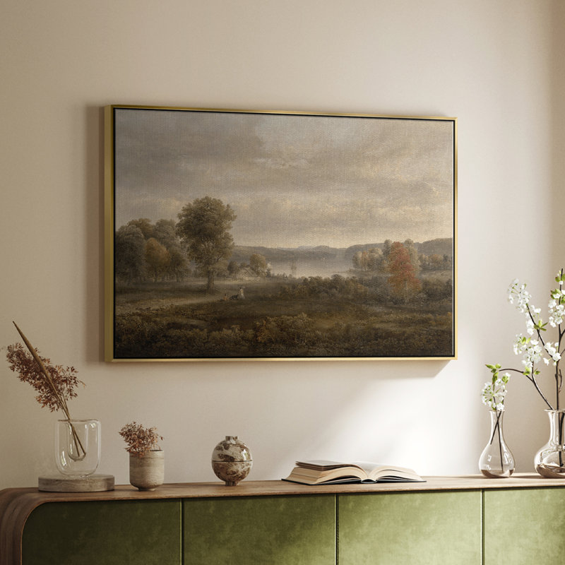 Paysage rétro - DCLxxxviii, Toile avec cadre flottant or, H 25 po x l 37 po x P 2 po