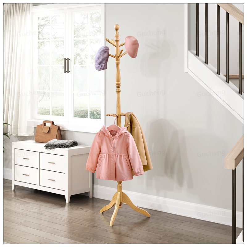 Portemanteau classique à finition naturelle avec 10 crochets, organisateur durable en bois massif pour les meubles de maison