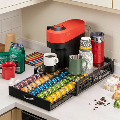 Organisateur de tiroir à dosette avec plateau en verre trempé - capacité de 50 capsules, support en métal noir élégant pour café, cuisine ou bureau