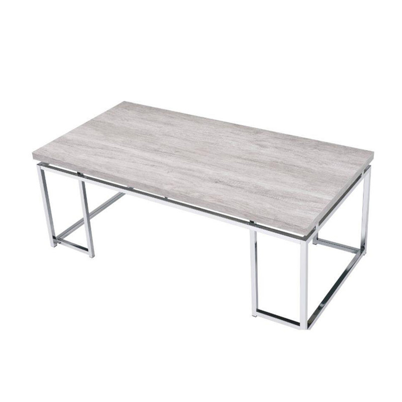 Table basse moderne moderne avec base de traîneau en métal chromé et plateau en placage de bois, parfaite pour les espaces de vie contemporains