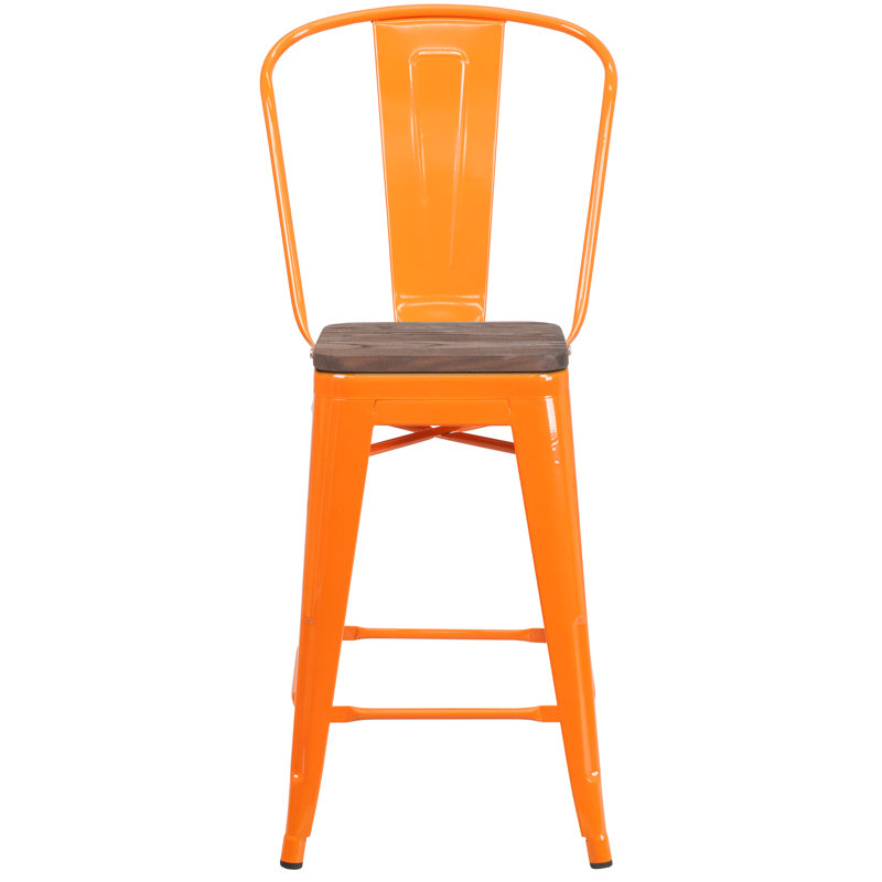 Tabouret de bar ou de comptoir en métal Marian avec dossier et siège en bois Marian, Orange, 1