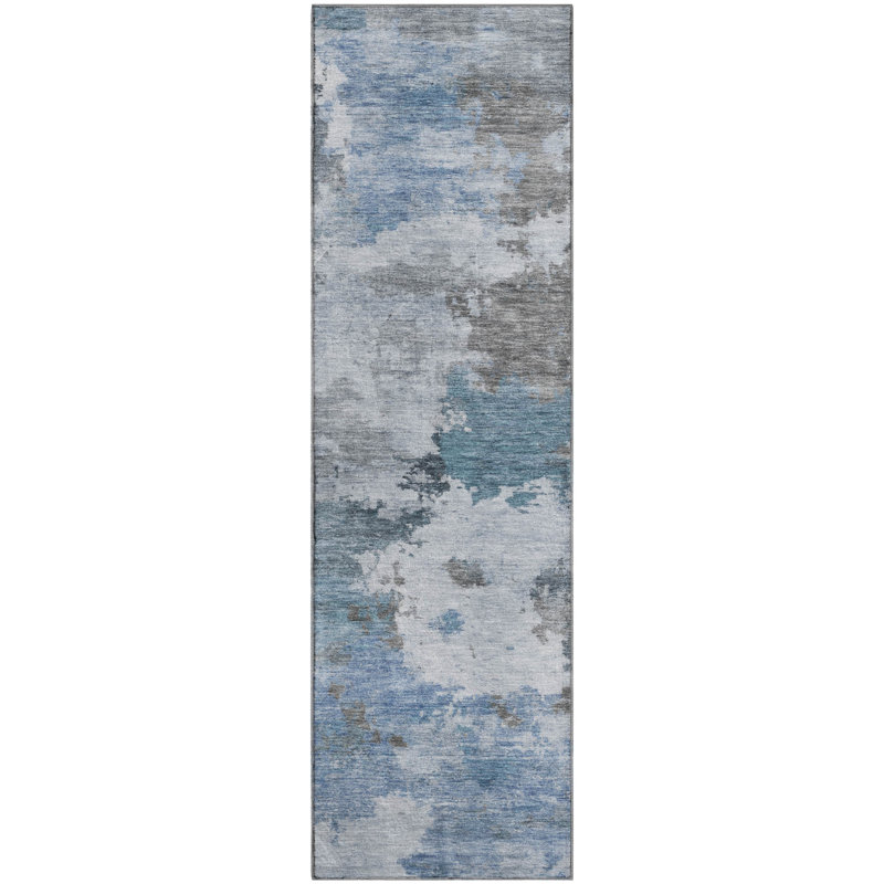 Premium Machine Washable Mayfield AMF2144 abstract Rug, Blue, 2'3" x 7'6" Runner