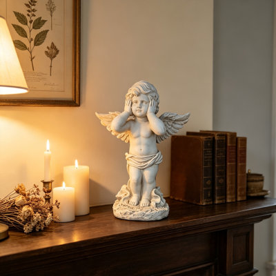 Winged Angel Covering Her Ears Resin Statue – Vintage Garden Sculpture, Weatherproof Outdoor Decor for Patio, Lawn, Courtyard, Peaceful Hear‑No‑Evil Ornament for Home & Garden