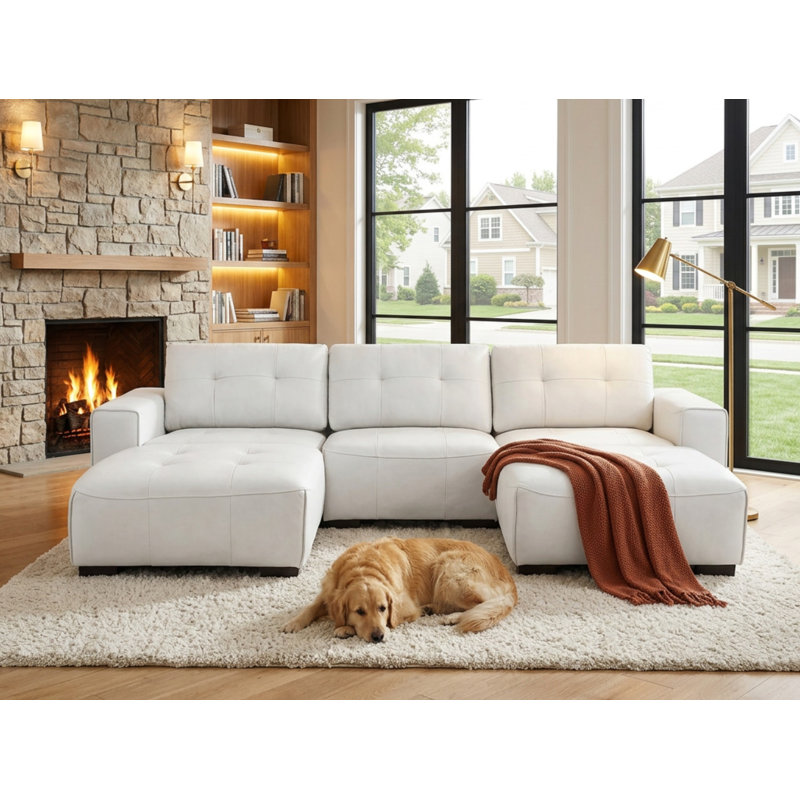 Bendire Oversized U-shape Leather Sectional Sofa Couch W/ Ottoman (Wheels), White Faux Leather