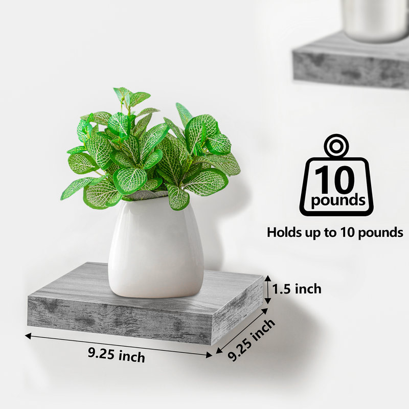 9" Square Tile Floating Shelves with Invisible Mounting Set of 4, Gray
