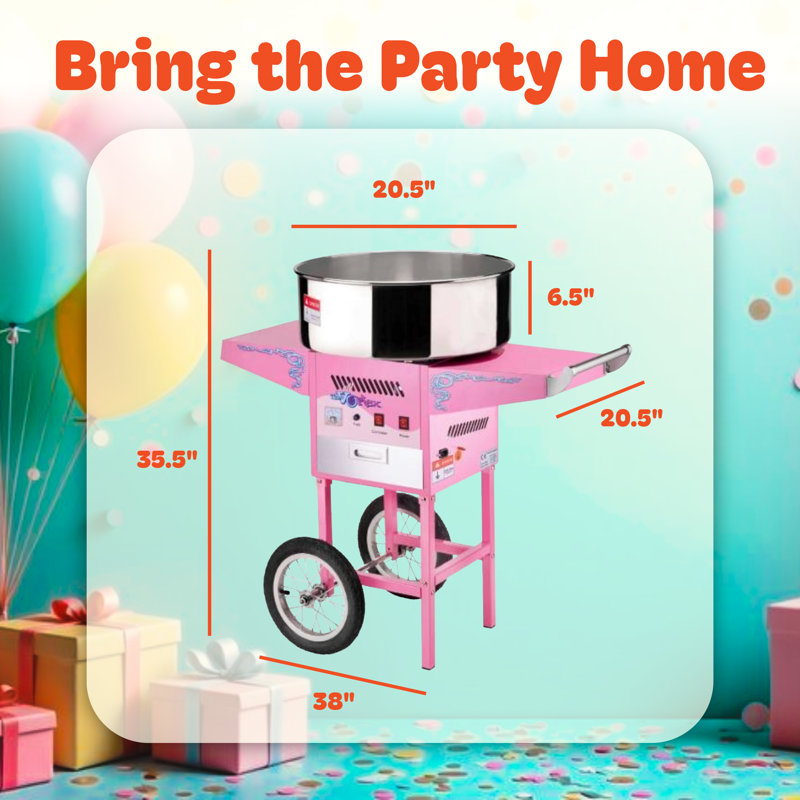 Cotton Candy Machine with Cart - Vortex Candy Maker with Stainless-Steel Pan, 2 Side Trays, and 13-inch Wheels by Great Northern Popcorn (Pink)