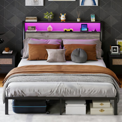 The Country-Style Gray Full-Size Metal Bed Frame Features RGB Lighting And A Charging Station, With Ample Storage Space Underneath.