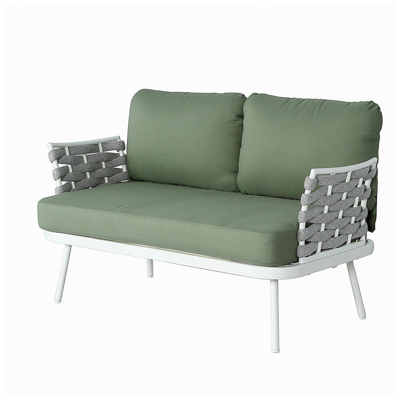 Mariano Steel Loveseat and Table, Grey, Green Cushion/Off White Frame