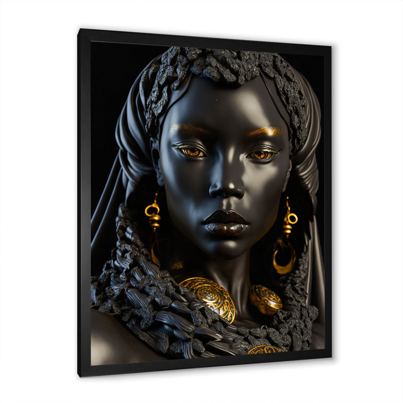 Gros plan, déesse africaine noire et dorée II sur toile, Cadre photo noir, H 20 po x l 12 po x P 1 po