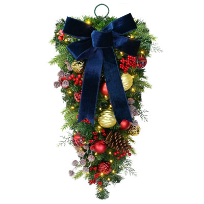Guirlande de Noël 28 pouces avec 70 lumières DEL blanc chaud, 95 branches réalistes et baies rouges et pommes de pin, à piles