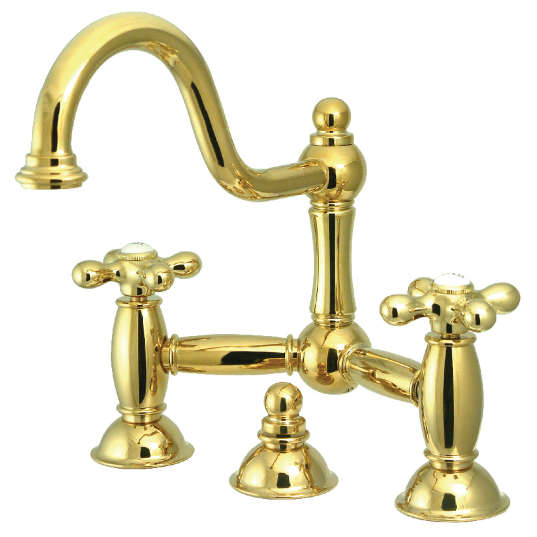 Kingston Brass Restoration Two-Handle 3-Hole Deck Mount Bridge Bathroom Faucet with Brass Pop-Up Kingston Brass 