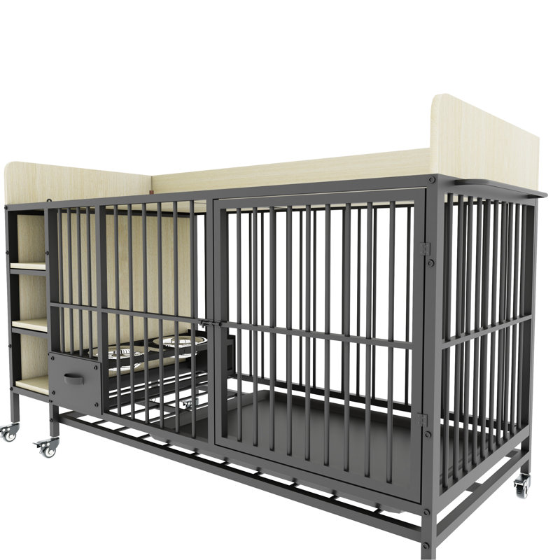 Pet Cage With Roller Wheels - Iron Frame And , Beige + Black Handrail Storage Option Frame,