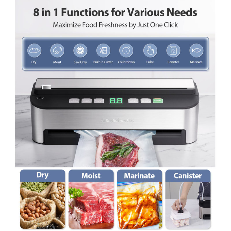 Beelicious 85KPA Vacuum Sealer Machine, 8-IN-1 Fully Automatic with Bags Storage, Built-in Cutter, Moist Mode, Air Suction Hose & Digital Countdown