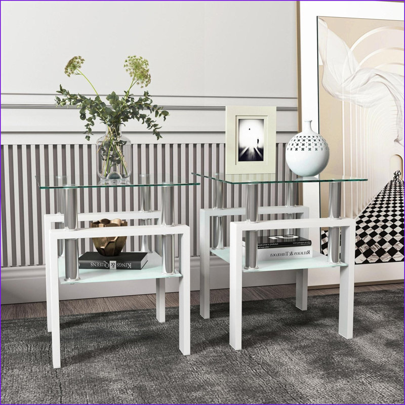 Ensemble de 2 tables basses carrées en verre trempé pour le salon, transparent / blanc, durable Élégant