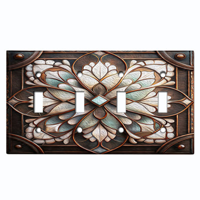 Couvercle de plaque d'interrupteur en métal; Bascule à 4 bandes standard des États-Unis - image imprimée d'un motif de fleurs rustiques en vitrail